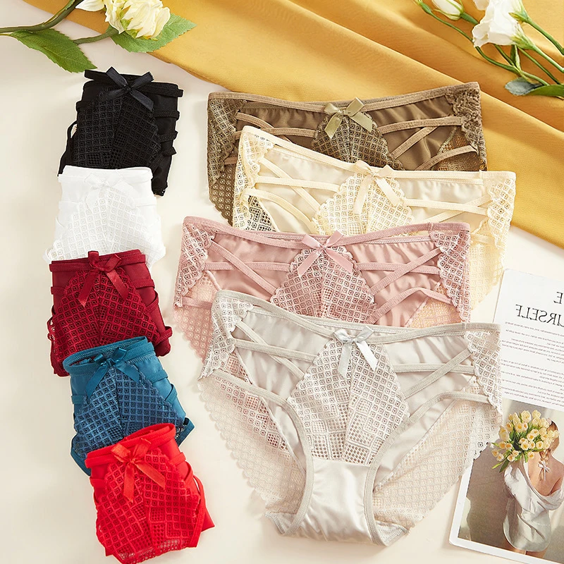 Women's Sexy Low-rise Lace Panties Crisscross Strappy Seamless Sheer Breathable Underwear Hollow Out Satin Seductive Breifs