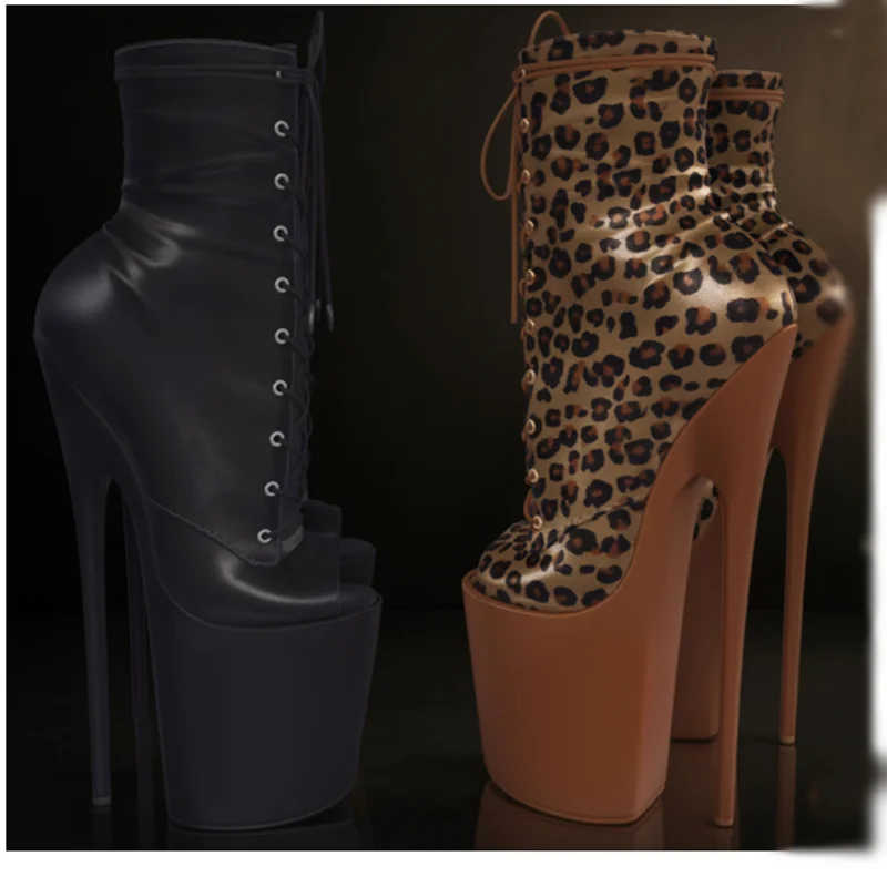 레오파드 미드 카프 가죽 플랫폼 부츠 얇은 하이힐 라운드 토 패션 섹시 2025 겨울 큰 사이즈 여성 신발
