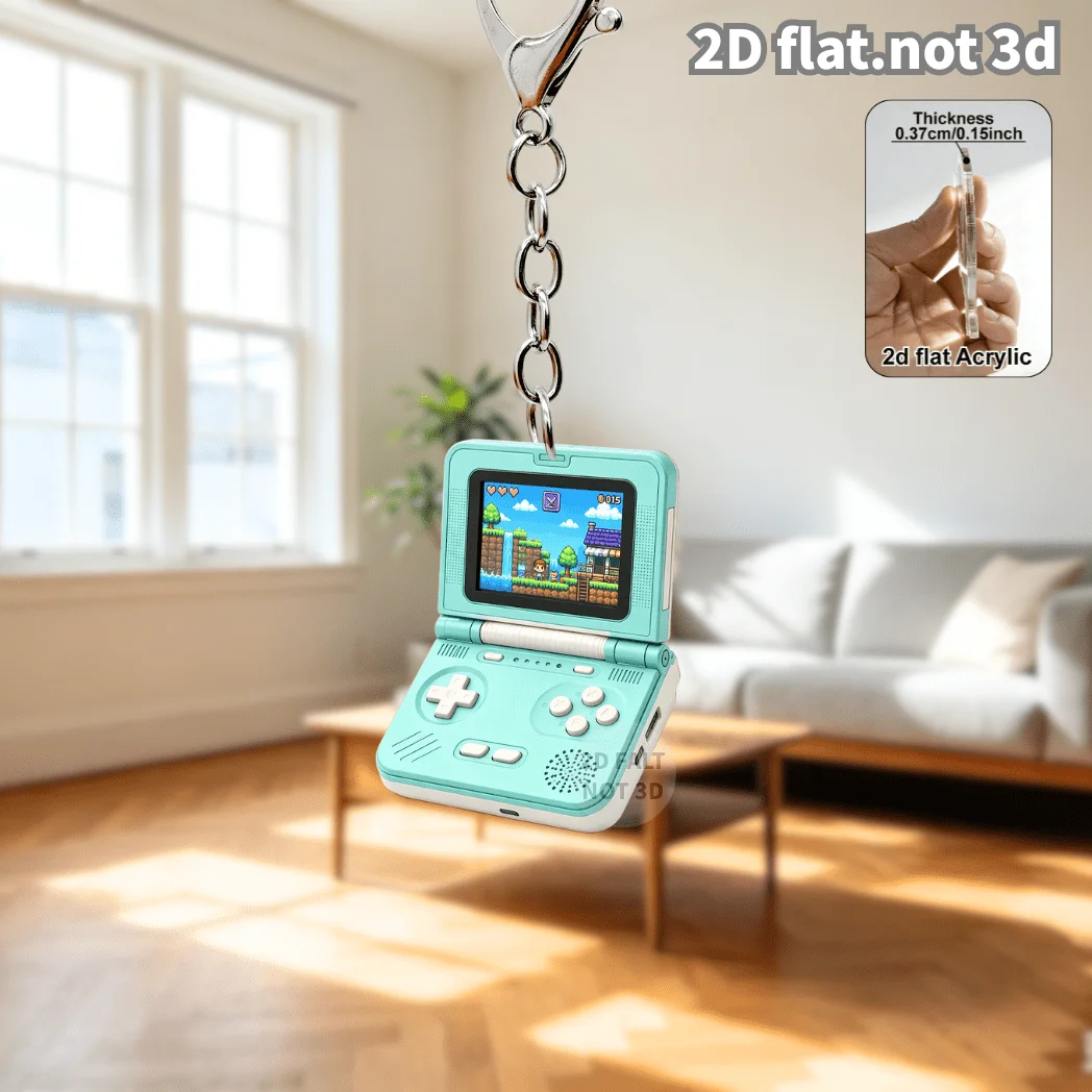 2D Flip Retro Handheld Game Console Keychain Flat Acrylic Gaming Pendant Charm Backpack Key Ring for Gamer Souvenir Hobby Lover