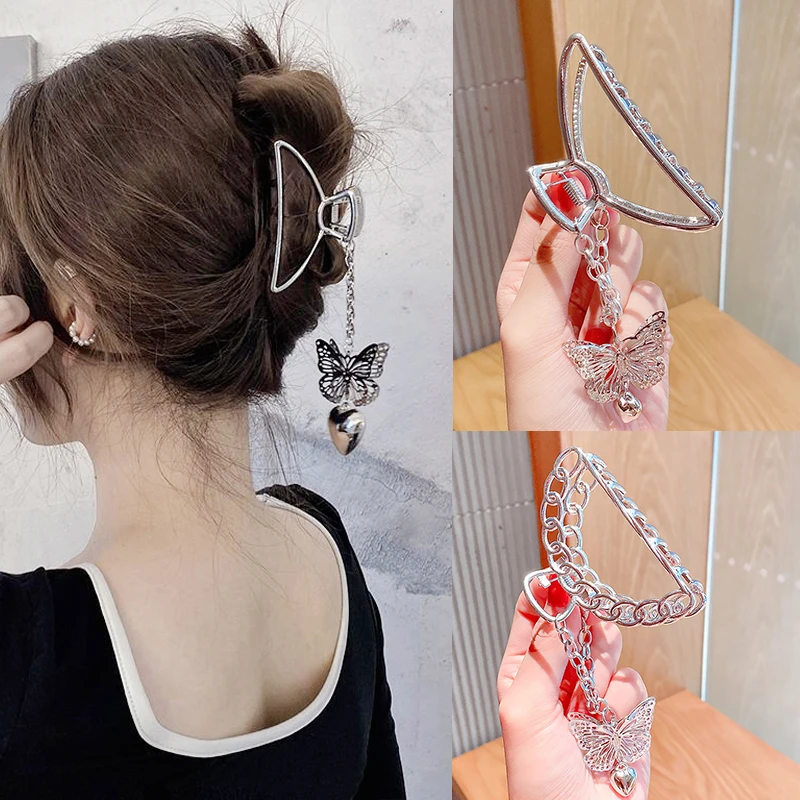 Butterfly Love Hair Claw Crab Sliver Gothic Hollow Out Geometric Hair Clips Hairpin For Women Metal Chain Hair Accessories 2022