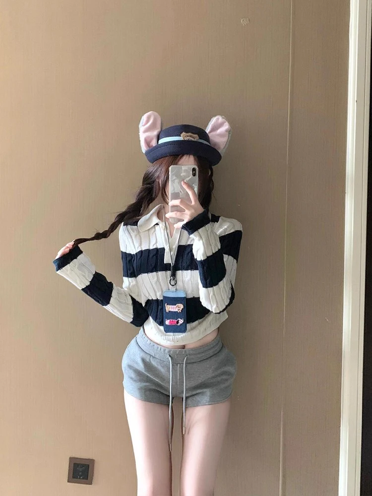 

Ele Bla White Striped Ne Knitwear Women's Autumn Winter Loose Lazy Sle Top Comfortable Regular Fit Long Sve