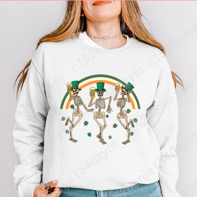 

St Patrick's Day Skeleton Beer Rainbow Print O Neck Sweatshirt Women Fashion Clothes Casual Pure Color Ladies Hoodless Pullovers