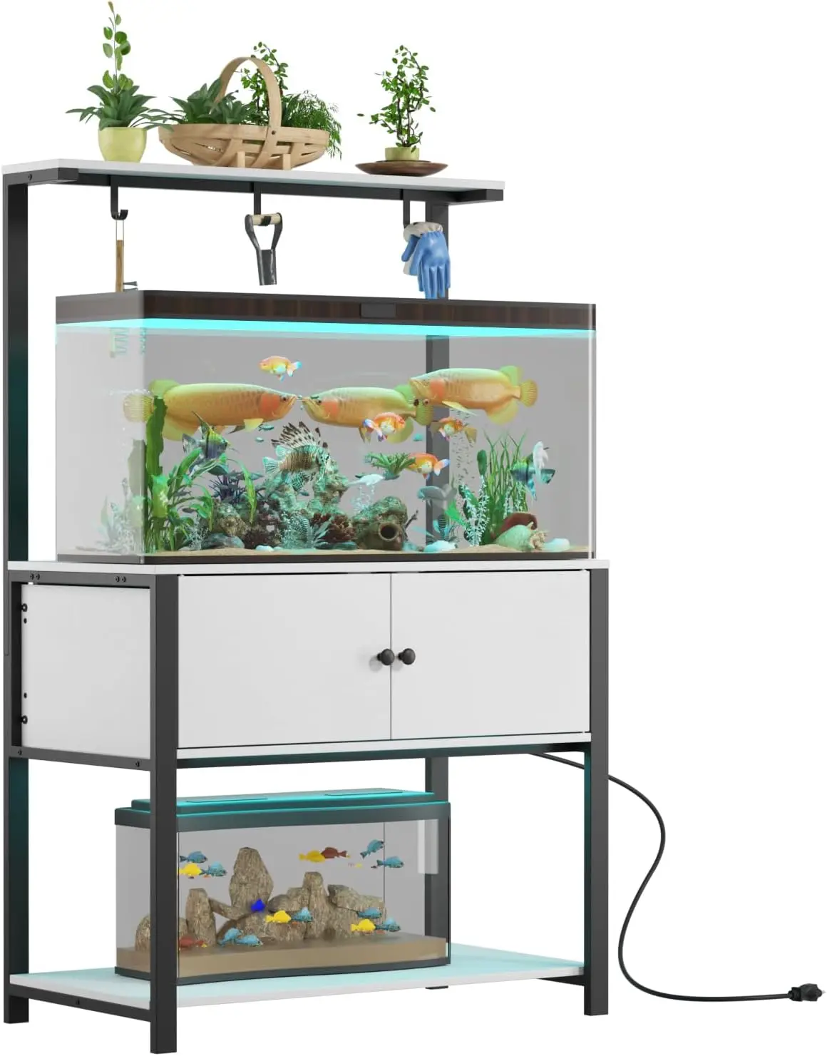 Fienveorn 40-50 Gallon Fish Tank Stand with LED Light Power Outlets,Heavy Duty Metal Aquarium Stand with Storage Shelf and