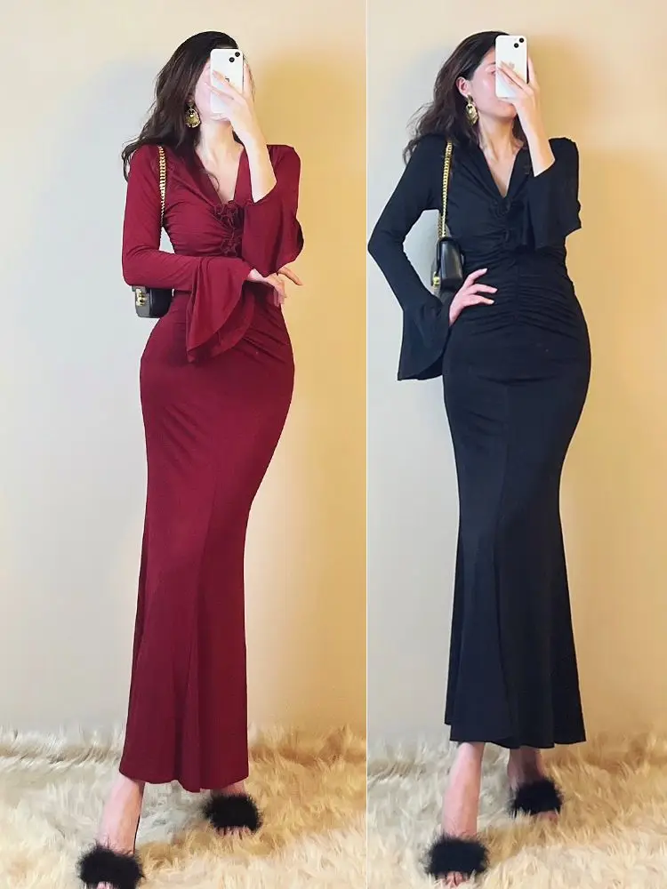 24 Autumn New Style Premium Solid Color Long Skirt with Niche Design Horn Sleeve 2-piece Set