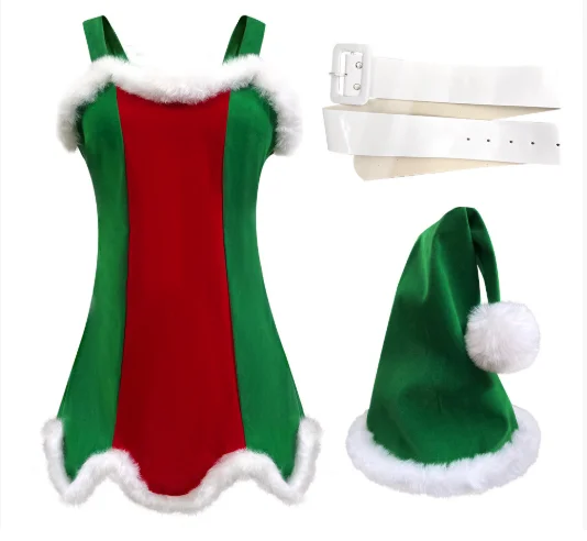 2025 new sexy green Christmas dress features  contrasting skirt belt perfect Christmas parties christmas dress women traf