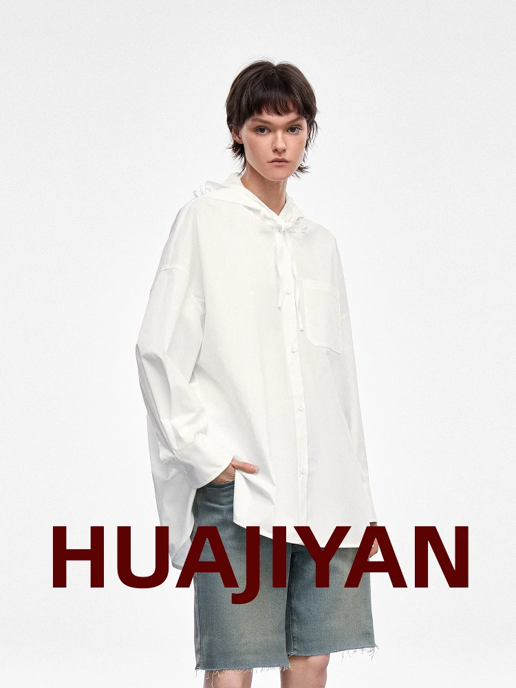 

Женская повседневная свободная рубашка Hua Ji Yan из смесового хлопка с эффектом бумаги, с капюшоном на шнурке, прямым кроем и длинными рукавами
