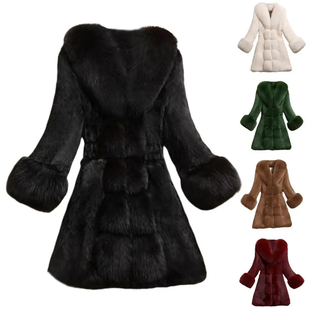 Faux Fur Outerwear Elegant Mid-aged Women's Fuzzy Faux Fur Overcoat with V Neck Elastic Waist Celebrity Prom for Cold-proof