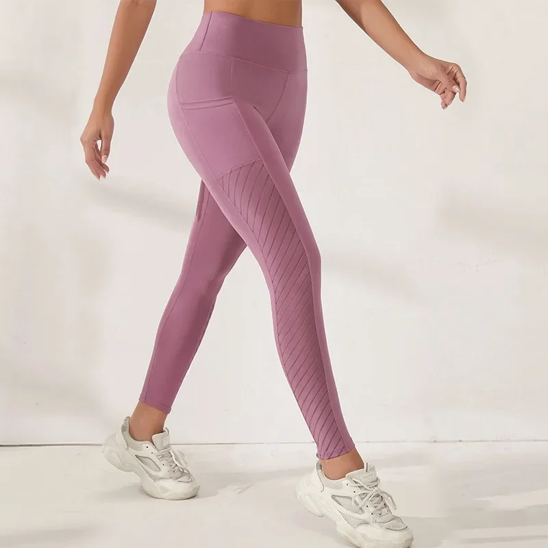 Calça de yoga com bolso de malha respirável, cintura alta, levantamento de quadril, estiramento de quatro vias, esportes e fitness, yoga, leggings femininas