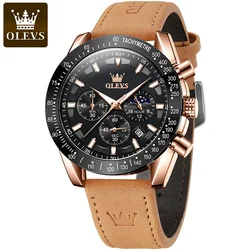 OLEVS Men's Quartz Watch Original Top Brand Watches Brown Leather Strap Calendar Moon Phase Waterproof Luminous Luxury Watch Men