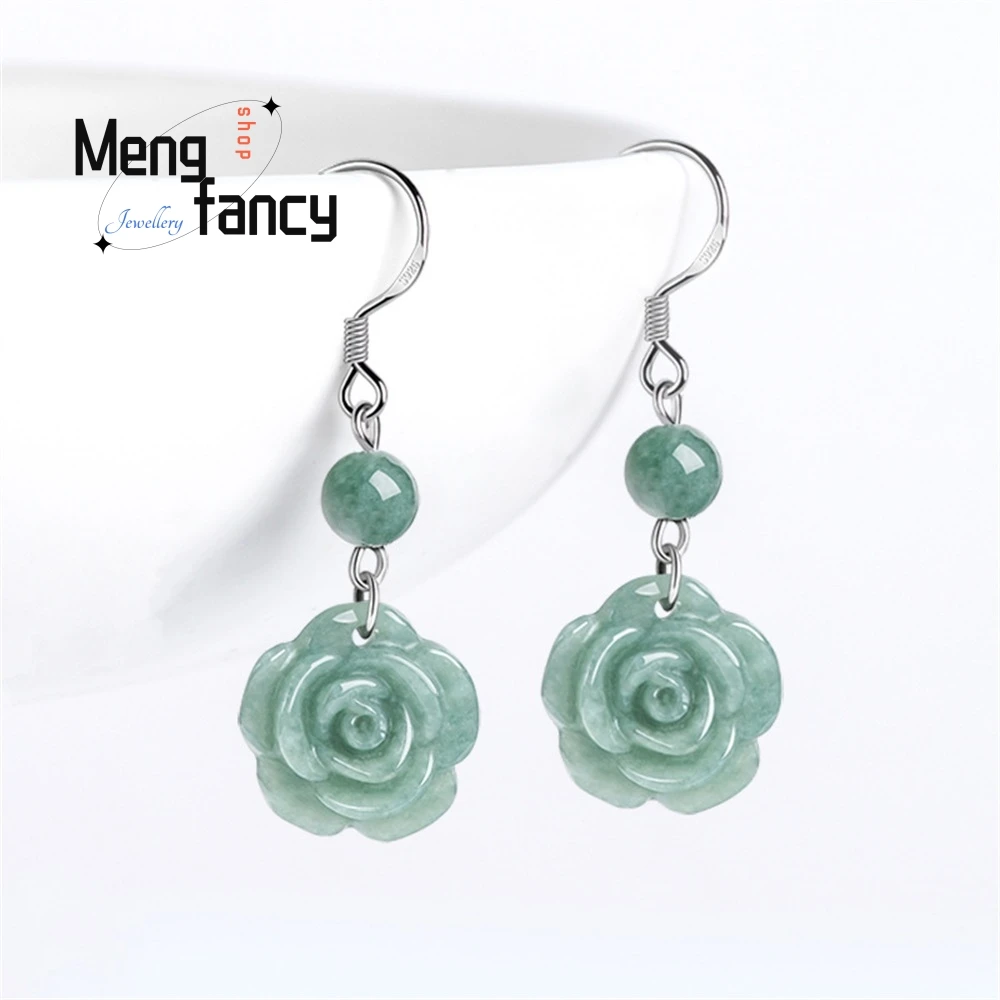 

High-Grade Genuine Natural A Goods Jade Bean Green Rose Earrings S925 Silver Ice Jade Fashion Women's Earrings Fashion Jewelry