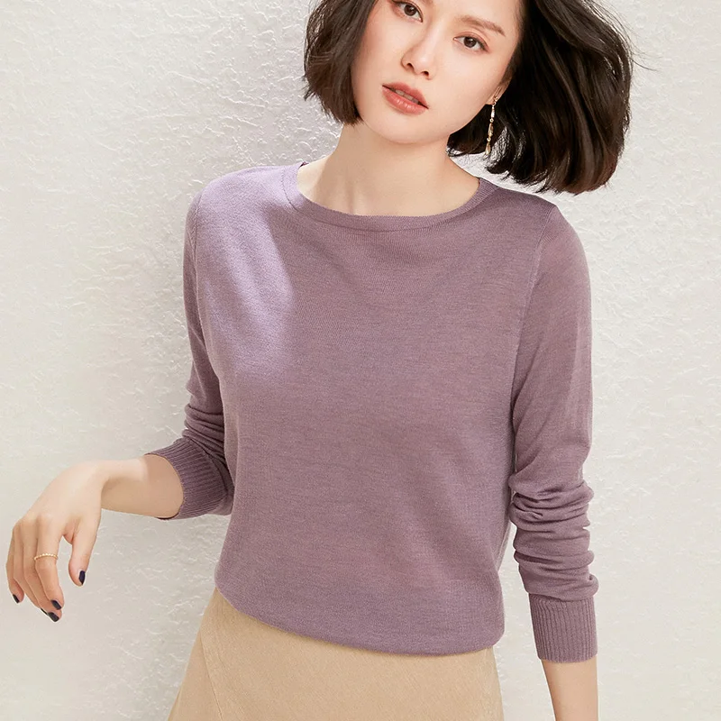 

Women's Pullover Spring/Autumn Worsted Wool Sweater Casual Solid Color Knitwear Ladies' Tops Fitted Round Neck Blouse