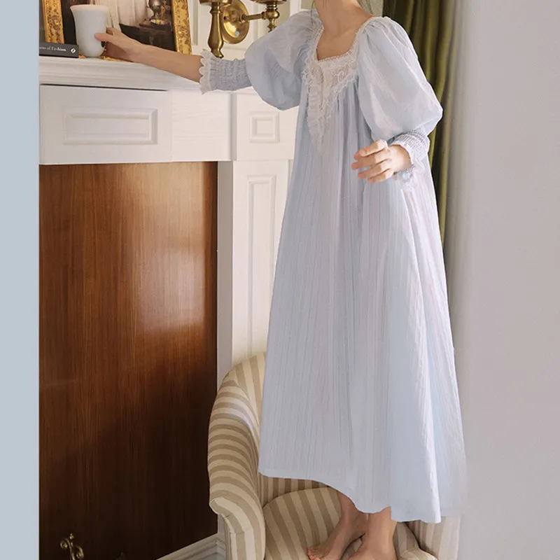 2024 Women French Style Cotton Long Nightdress Sexy Lace Decor Square Collar Nightgowns Girls Sweet White Mid-Calf Nightie New