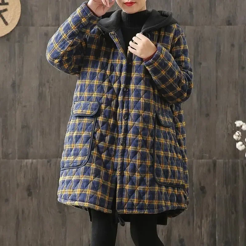 Winter Retro Loose Thick Quilted Cotton Cloth Large Size Cotton-Padded Clothes Women's Cotton Linen Plaid with Middle Long Coat