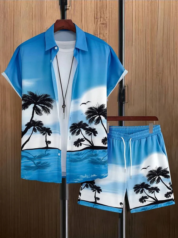 Camisa havaiana de manga curta e shorts de praia para homens, confortável e respirável, diário, casual, verão, 2024