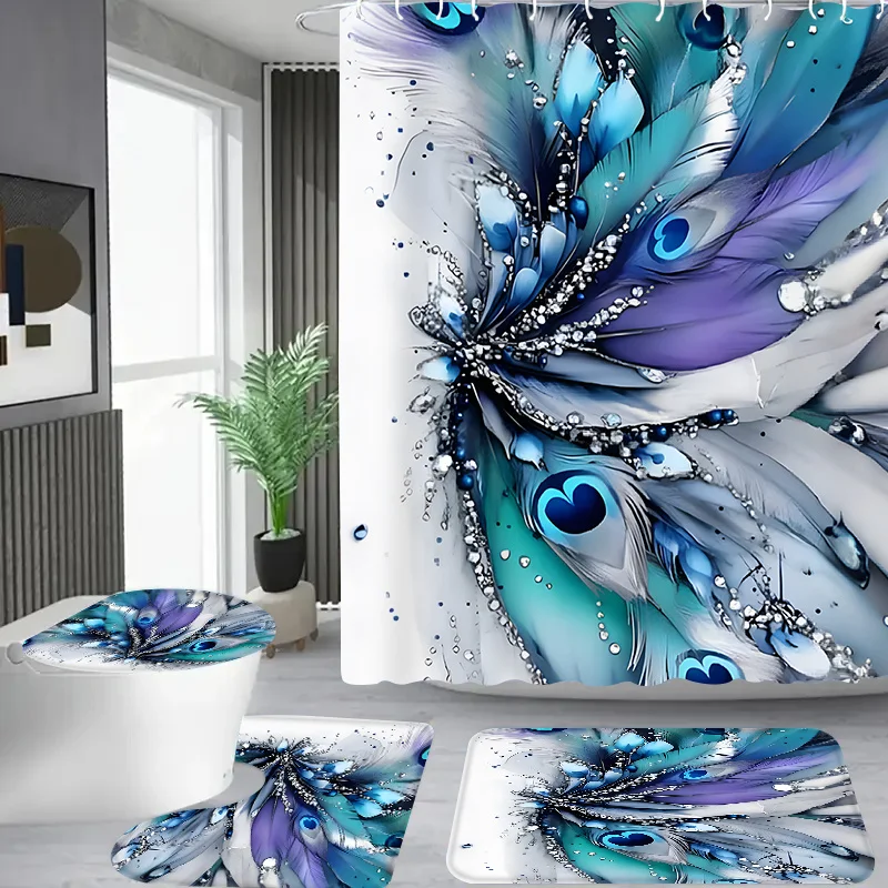 

4 шт. блестящие синие и фиолетовые перья, комплект занавесок для душа, занавеска для душа с 12 крючками, коврик для ванной комнаты, U-образный для унитаза