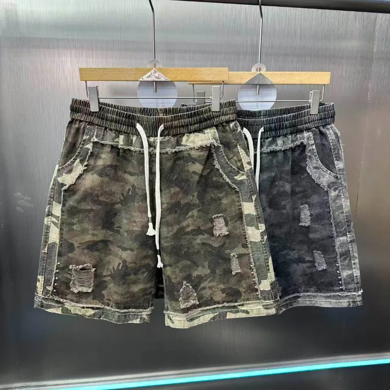 Summer Men's Camouflage Ripped High Street Patchwork Heavy Washed Cotton Denim Shorts Trendy Style
