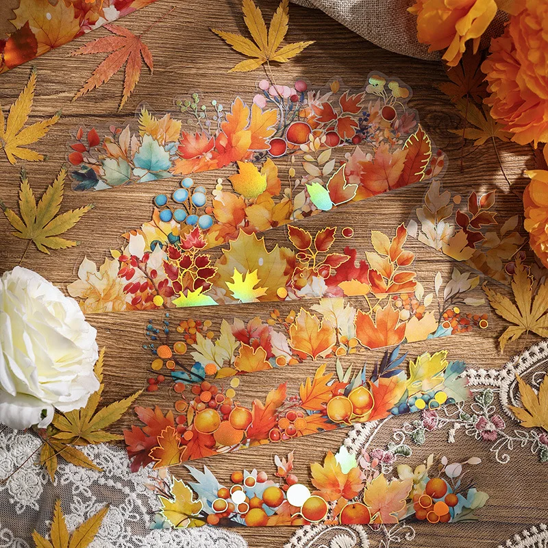 15 pcs Bronzing Long strip Autumn leaf fruit Stickers pack Adhesive Diy Scrapbooking Diary Album Junk Journal Supplies