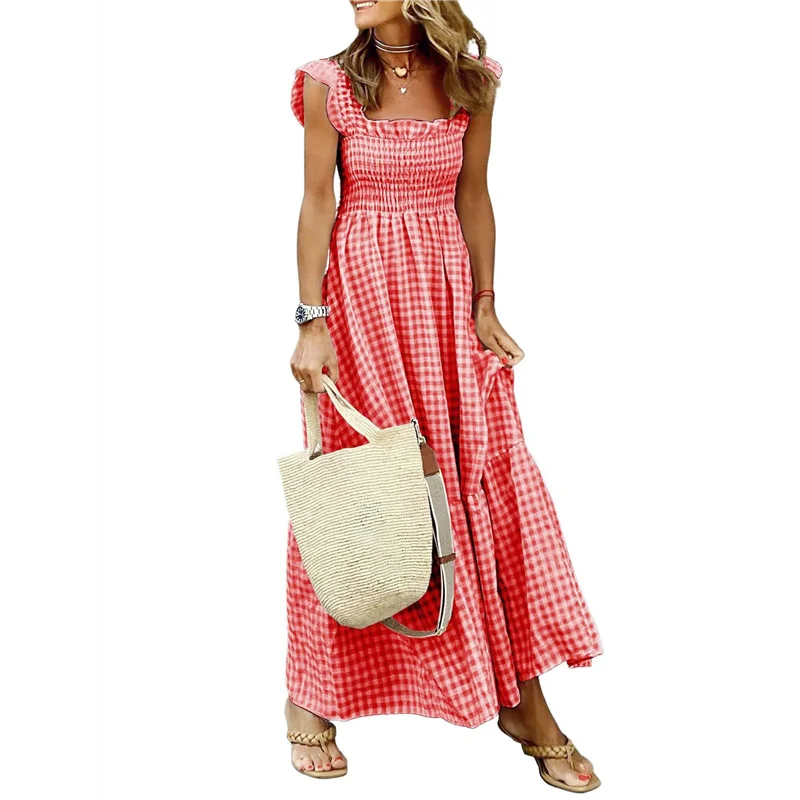 Vestido largo con volantes y tirantes finos a cuadros retro para mujer