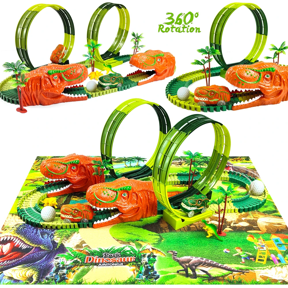 Racing Track Dinosaur Railway Toys Flexible Race Anti gravity orbit Electronic Flash Light Car Toys for Children Gifts