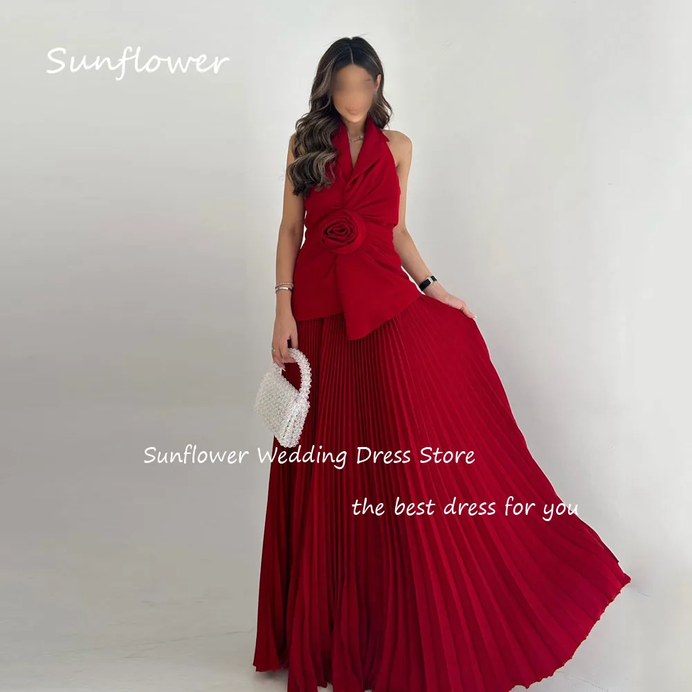 Sunflower Wine Red V-Neck 3D Flowers Pleat Mermaid Prom dress 2024 Slim Crepe Ocassion Gown Ankle-Length Formal Evening Dress