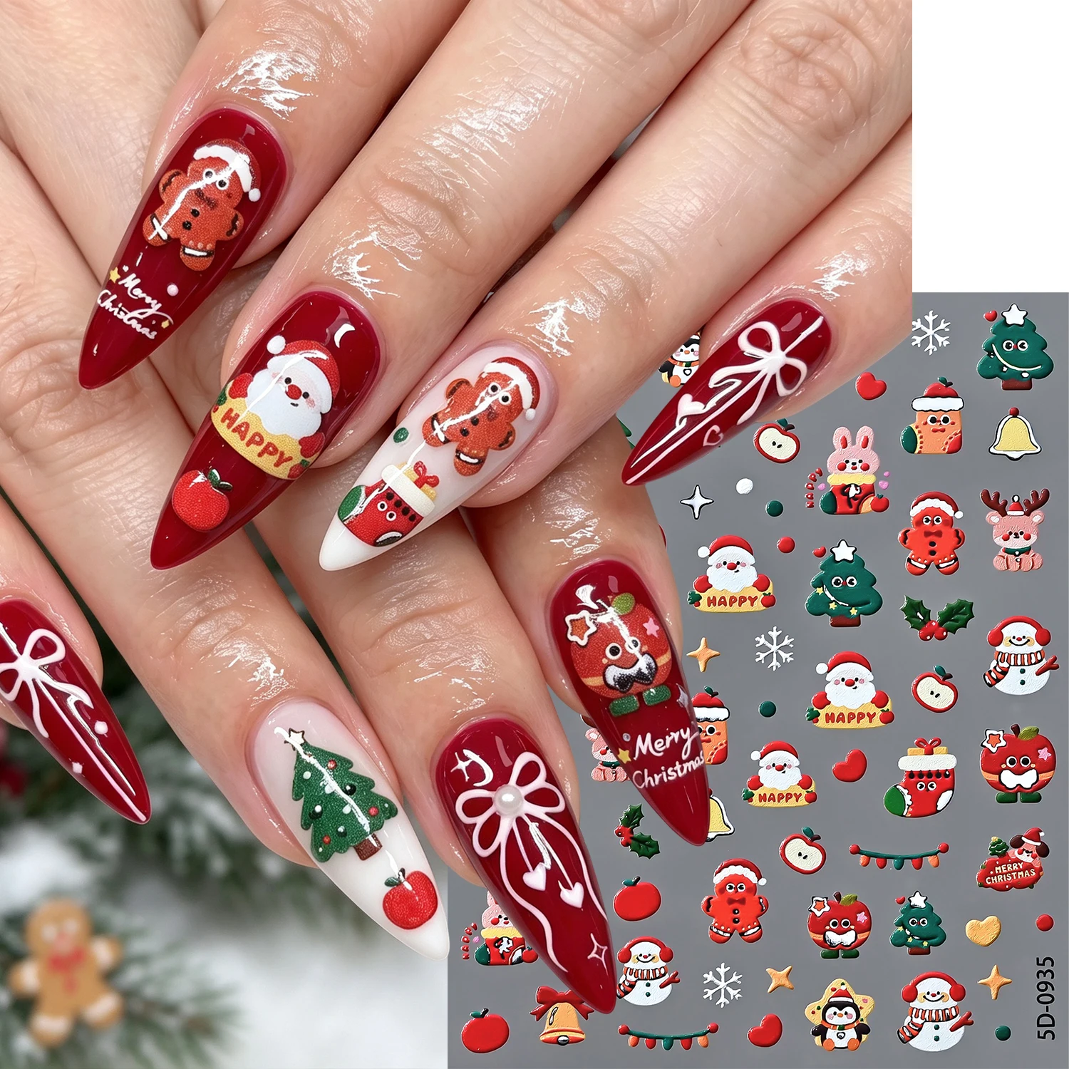 1Pcs Cute 5D Embossed Christmas Nail Stickers Santa Gingerbread Man Elk Snowman Nails Decals for Winter DIY Manicure Art Decor N