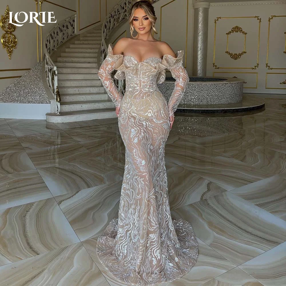 

LORIE Shiny Formal Evening Dresses Off Shoulder Long Sleeve Sequin Prom Dresses Elegant Sparkly Clebrity Cocktail Gowns 2024