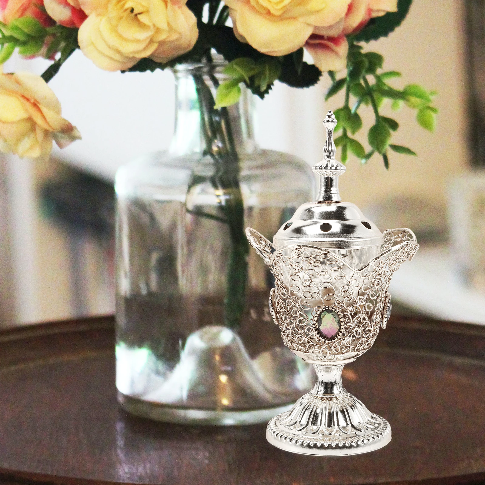 

Electric Incense Burner Silver Censer Desk Room Iron Church Metal Aromatherapy Home Decor Middle Eastern Style