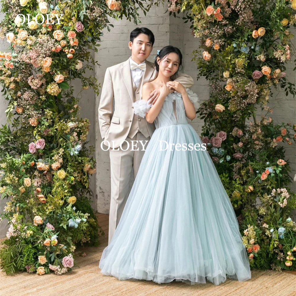 

OLOEY Fairy Green Korea Prom Dresses Wedding Photo Off Shoulder Shoot Soft Tulle Party Gown A Line Floor Length Customized