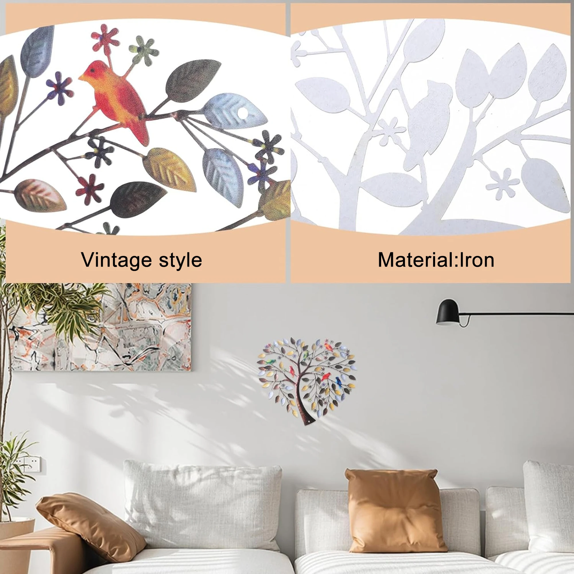 Vintage Metal Heart-shaped Tree of Life Birds Wall Art Hanging Decor Iron Sculpture Garden Living Room Home Party Decoration