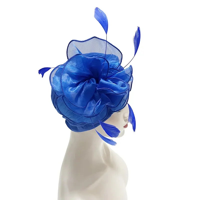 

2025 Trendy Women Big Flower Feather Turban Fashion Muslim Hijab Bonnet Head Wrap Female Bandana Chemo Caps African Wedding Hat