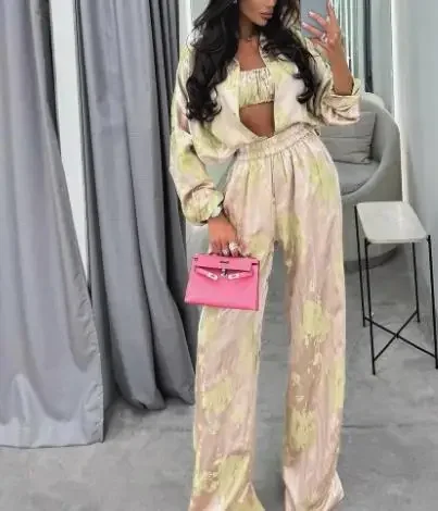 

Women's Clothing Casual Pants Outfits 2025 Summer New Fashion Lapel Long Sleeve Shirt Strapless & Wide Leg Pants Three Piece Set