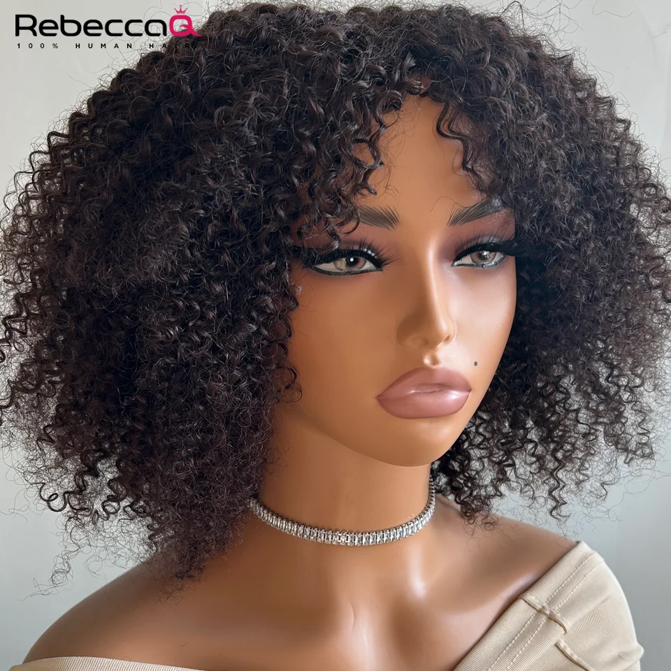 Short Curly Afro Wig With Bangs For Black Women Human Hair Afro Kinky Curly Wig Wear to go Glueless Full Machine Wig 250 Density