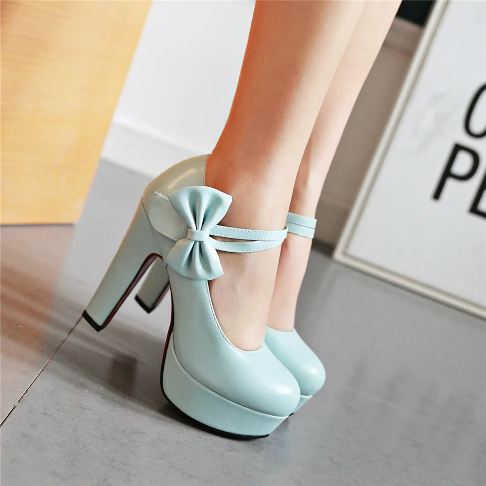 Spring High Heels Women Platform Pumps Ankle strap Shallow Mouth Single Shoes Bow Ladies High Heels White Wedding Women Shoes