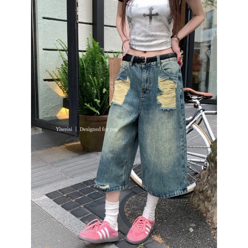 

WAKUTA Summer Button Straight Wide Leg Trousers Women Washed Blue Irregular Holes Straight Five Denim Shorts Teen Джинсы Бохо