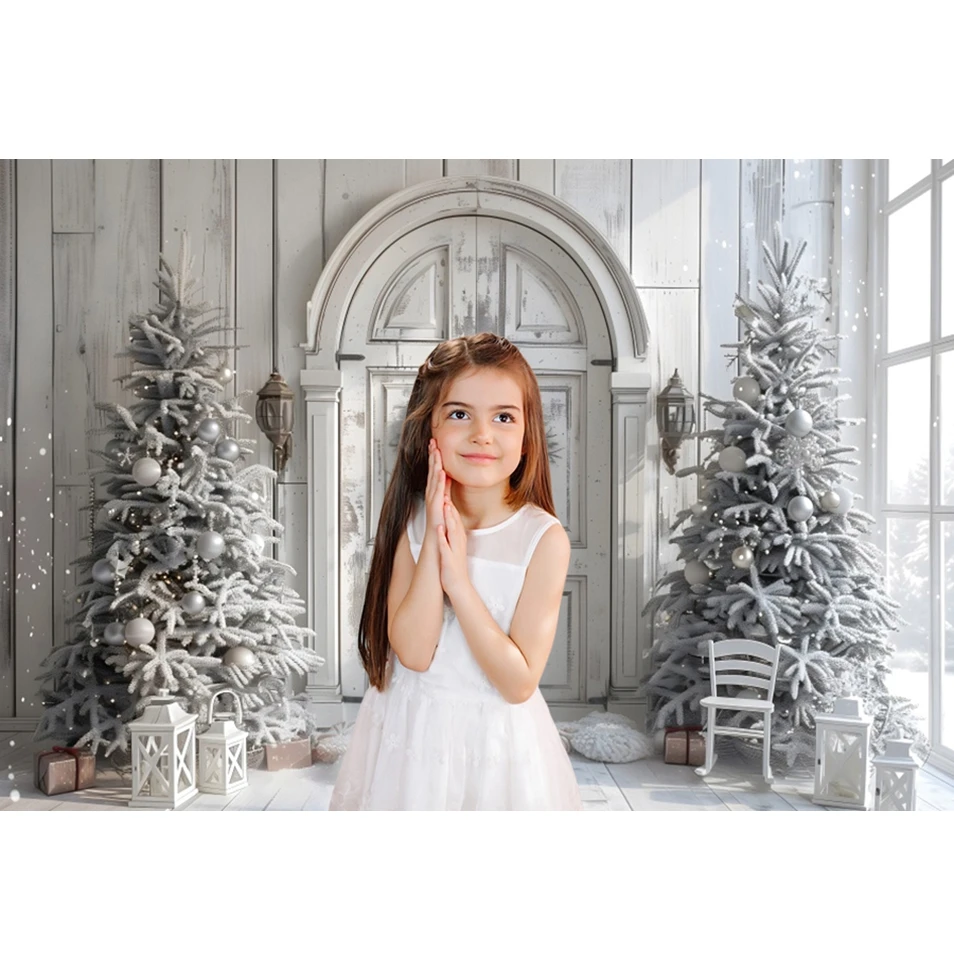 White Christmas Backdrop Interior Room Scene Wood Wall Door Xmas Tree Baby Shower Family Party Photography Background Decor Prop