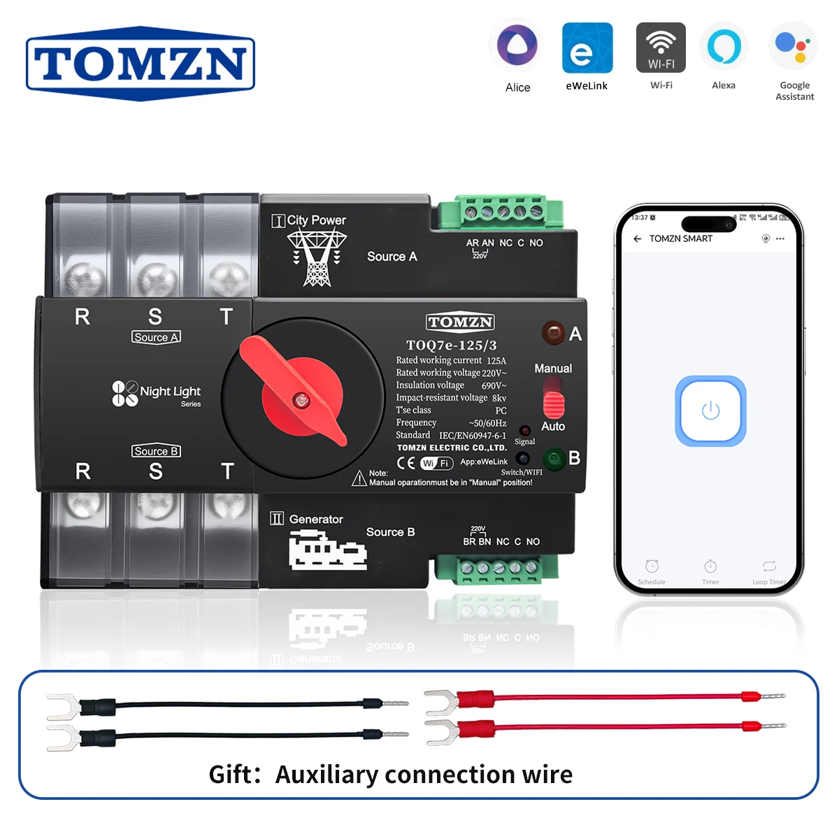 

TOMZN Din Rail eWelink WIFI smart ATS timer 230V Dual Power Automatic Transfer Selector Switch Uninterrupted 3P 63A 100A 125A