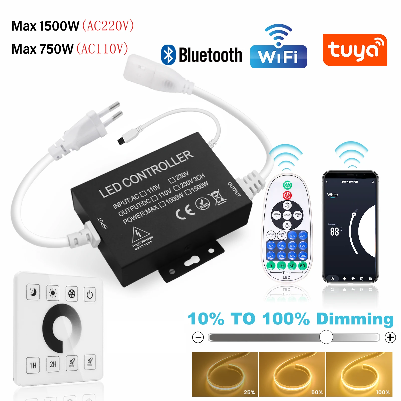 LED Dimmer Tuya Wifi/Wall Touch Remote/Bluetooth IR Control for 8mm PCB AC110V/220V 288Leds/m 3000K 4000K 6000K COB Light Strip