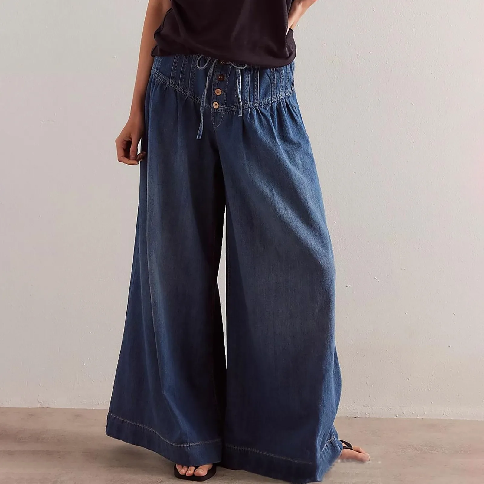 Y2k Pleated Baggy Jeans Women Free Style Full Length Jeans Mid Waist Drawstring Wide Leg Denim Pants Ladies Chic Hippie Trousers