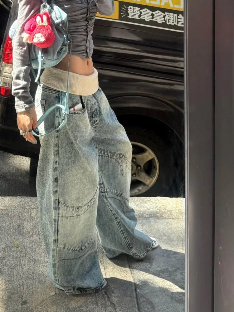 Y2k Retro Streetwear Hip Hop Baggy Straight-Leg Jeans Washed Blue Embroidered Spliced Distressed Cargo Pants Casual Denim Unisex