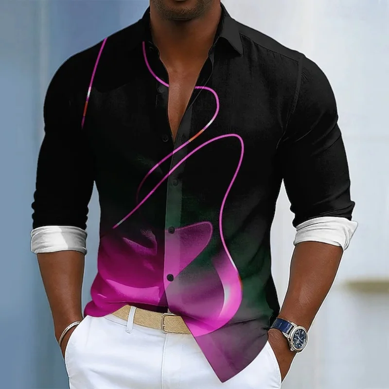 Men's fluid gradient printed long sleeved shirt with artistic lines, lapel shirt, trendy casual men's top