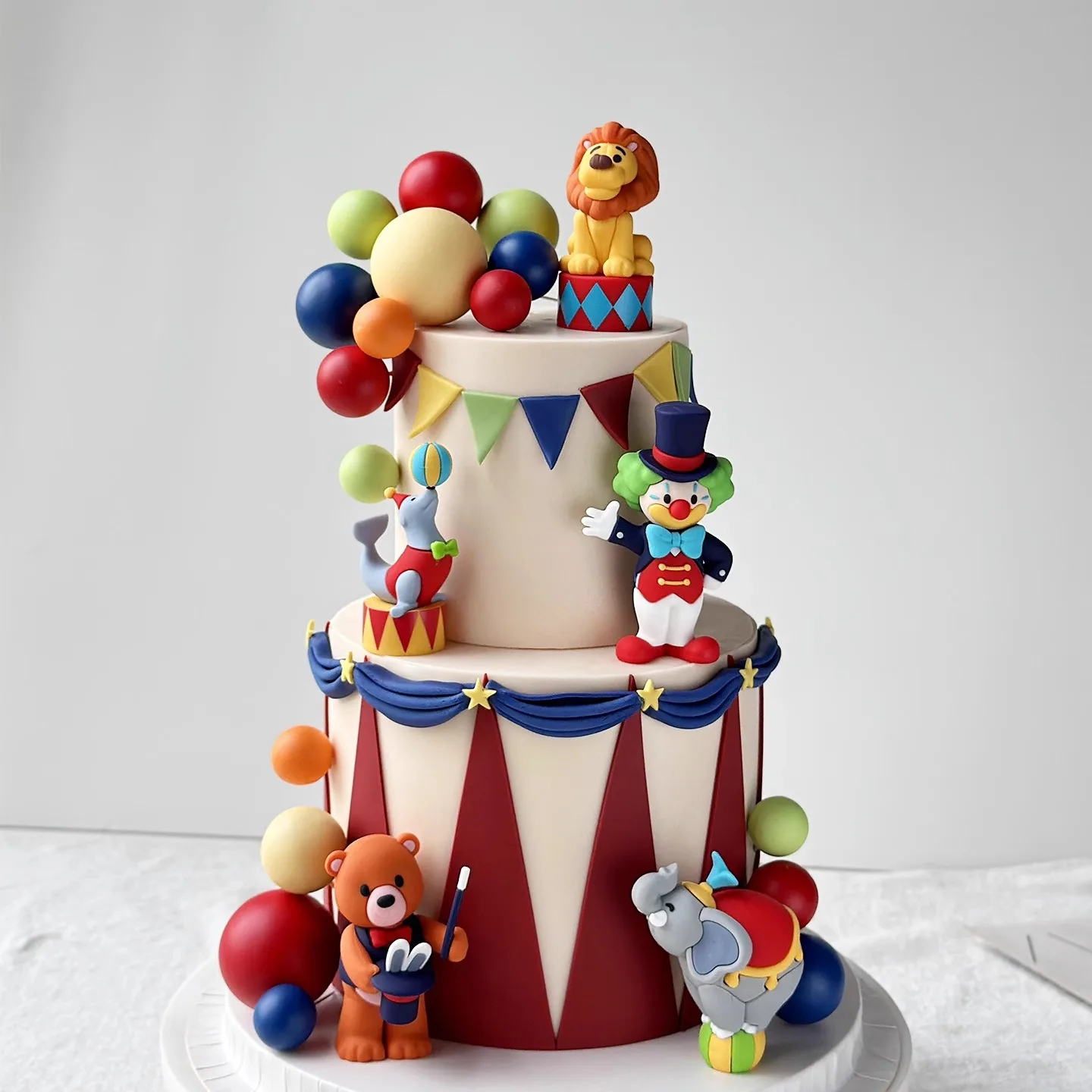 Zirkus-Themen-Party Tortendekoration Clown Akrobatische Löwen Elefanten Seelöwen Zauberer Bären für Kinder 1. Geburtstag Kuchen-Deko Requisiten – Detail 1