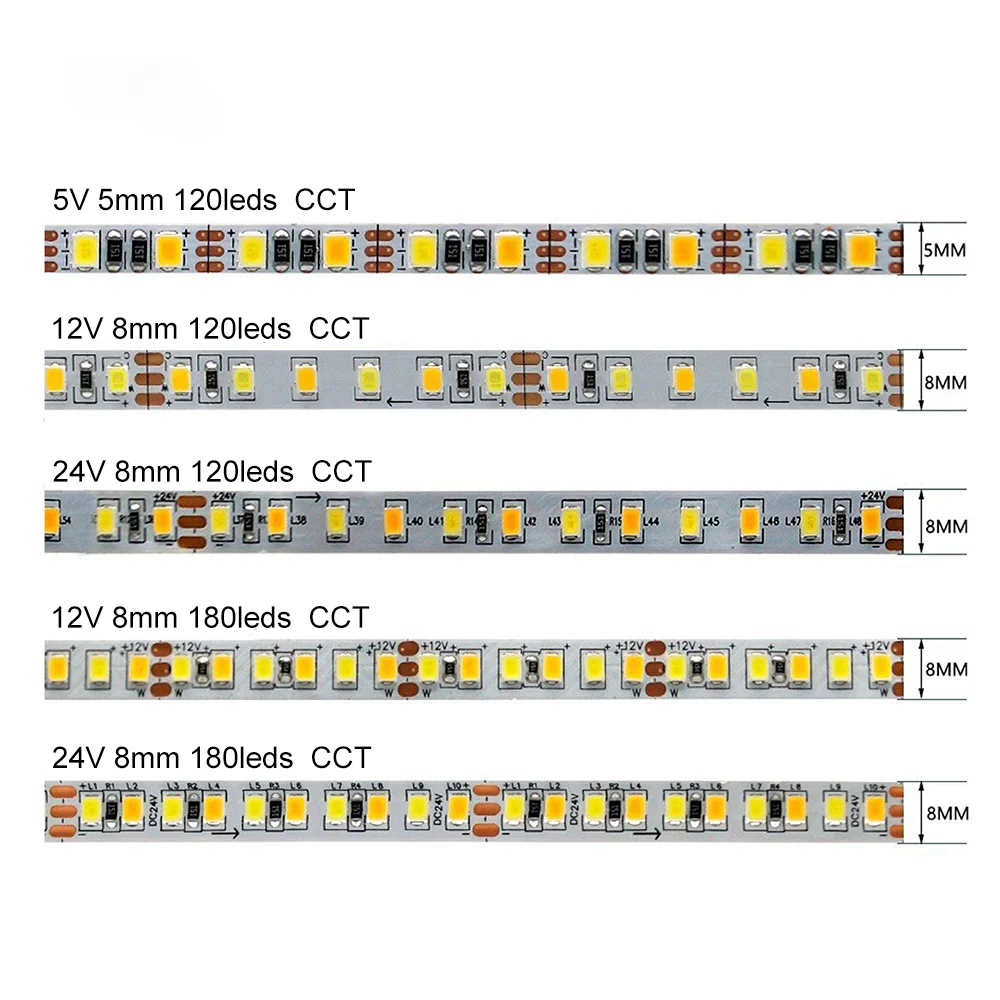5V 12V 24V 2835 CCT LED Strip Lights SMD 5mm 8mm 10mm 120/180/240leds Flexible Dimmable LED Tape Dual Color 2700K-6500K WW+CW 5m