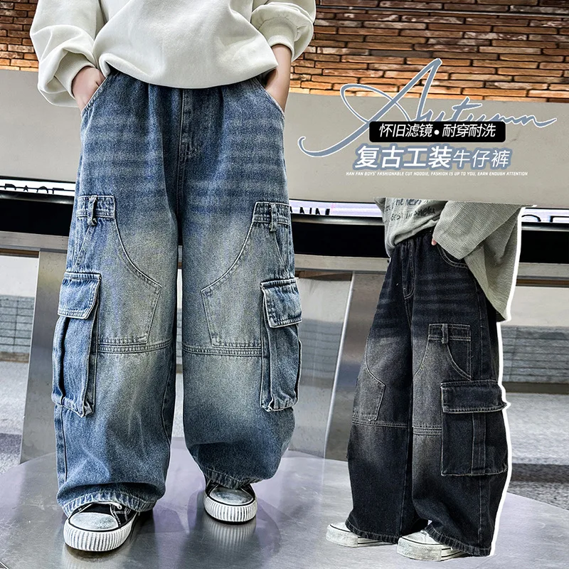 

Children Fried Street Handsome Straight Loose Wide-leg Pants Kids Cargo Denim Jeans Boys Retro Jeans Spring Autumn New