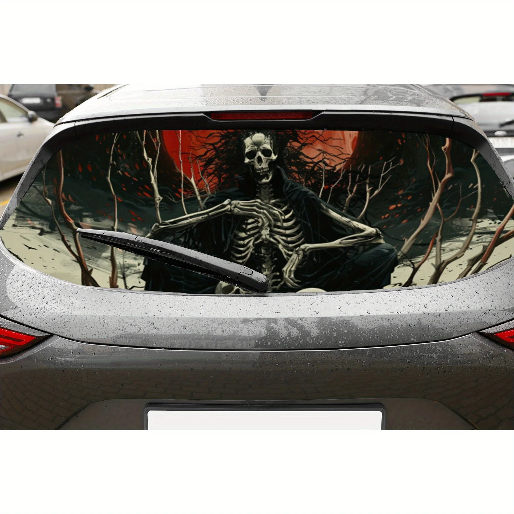 Red Moon and Dark Skull Shape Car Rear Window Vinyl Wraps, Waterproof Self-adhesive Car Vinyl Wraps, Surface Protection, Persona