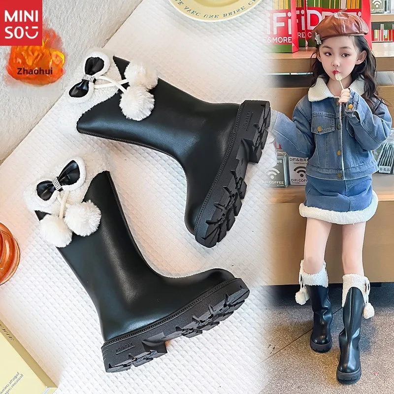 Miniso 2025 Botas longas de couro para meninas, sapatos de inverno de cano alto de pelúcia para crianças