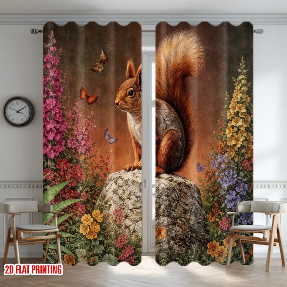 2D flat printing 2pcs Curtain Curtain Springtime Squirrel Scene Digital Printed Polyester Drapes Party Decorations Use for Art