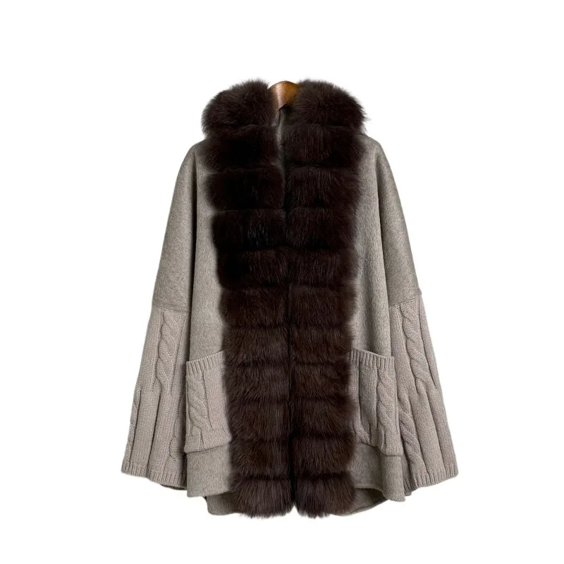 Newest Luxury Winter Wool Blends Real Large Fox Fur Coat Women Knit Sleeve Warm Oversized Cashmere Cardigan Jackets