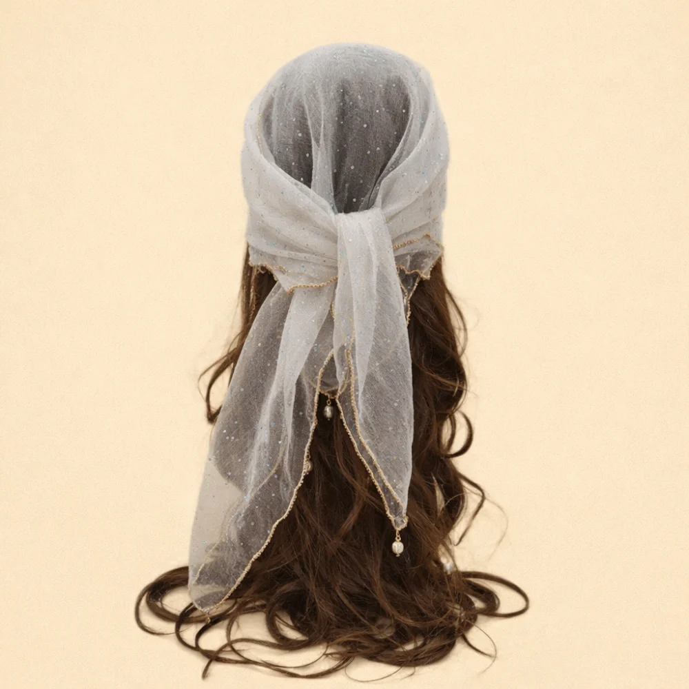 

Шарф-повязка на голову с жемчугом, стразами и квадратным кружевом, однотонный, с эффектом «звездное небо», из дышащей ткани