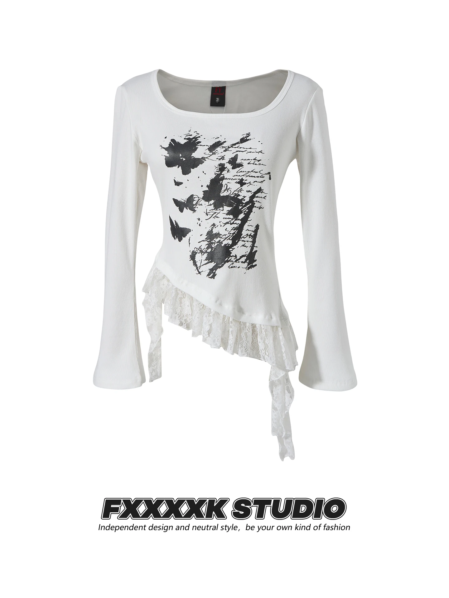 

Slim Fit Long Sve T-irt Women's Original Y2K Sexy Lace Trim Splicing Low round Ne Waist Cinching Top Street Sle Cott...