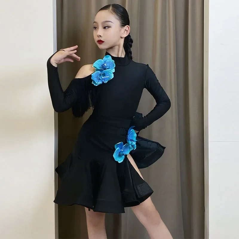 Latin dance dress Autumn and winter new children's female training dress girls perform dance dress set - Image 2